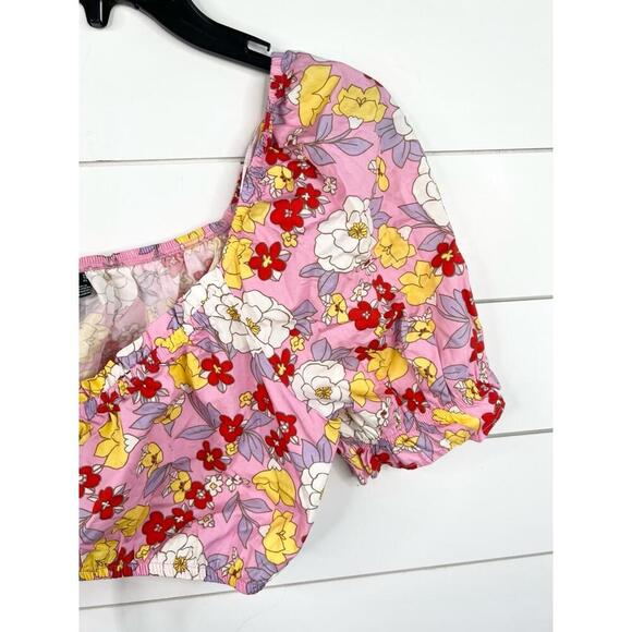 Vero Moda Pink Floral Print Puff Sleeve Tie Front Crop Blouse Size XL - Picture 5 of 10